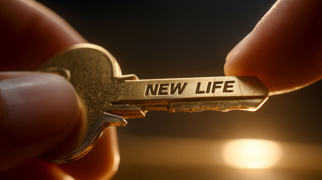 Two hands holding both ends of a golden key with text New Life, concept of shared future, hope and business solution