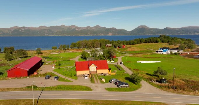 Kvitnes Gaard Farm Facilities, Picturesque Rural Wedding Venues, Hadsel Municipality, Norway, Scandinavia, Cinematic Aerial Views