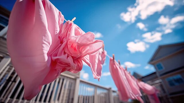 Pink laundry, hung on a clothesline against a vibrant blue sky with fluffy white clouds