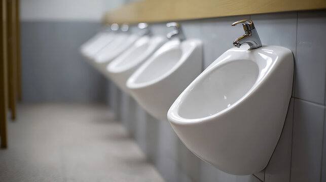 Row of clean white fixtures in a modern public restroom, offering a perspective view of clean and functional sanitary facilities