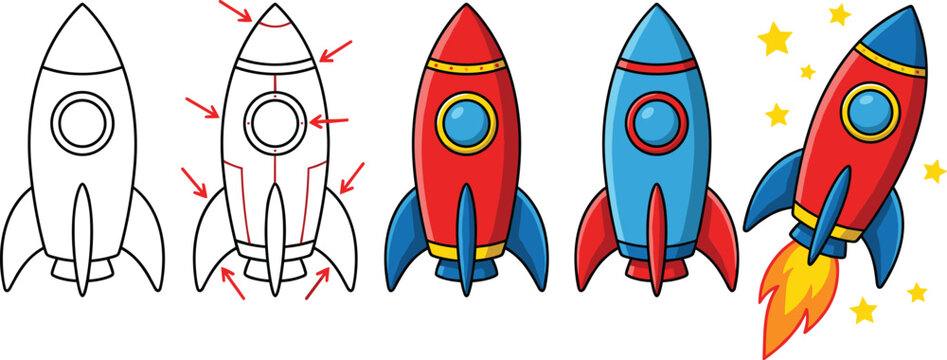 Vector illustration of cartoon rocket drawing tutorial with step‑by‑step sketch and launch details representing art and education themes