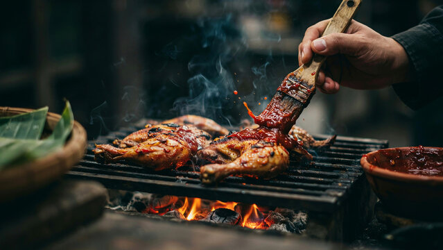 Ayam Bakar H&auml;hnchen mit Sambal-Glasur auf dem Holzkohlegrill