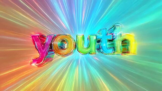 Vibrant and dynamic animated text 'youth' with colorful, glowing letters against a radiant, multicolored background