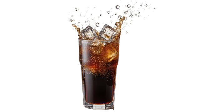 Cola drink with ice cubes splashing in glass