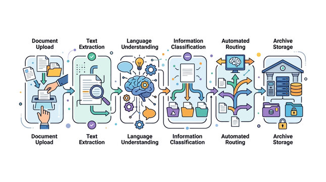 A detailed workflow diagram illustrating document upload, text extraction, language understanding, information classification, automated routing, and archive storage process.