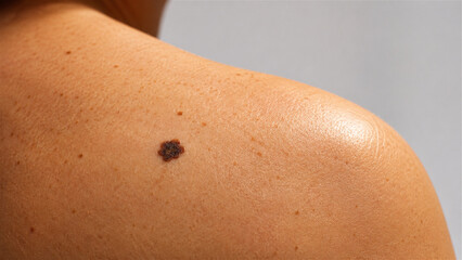 Fototapeta premium woman shoulder with skin mole. Dermatological examination of pigmented birthmark on human skin. Concept of melanoma screening, health checkup and aesthetic dermatology procedure