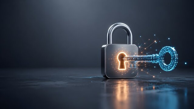Glowing digital wireframe key unlocking metal padlock representing cybersecurity data protection and privacy concept