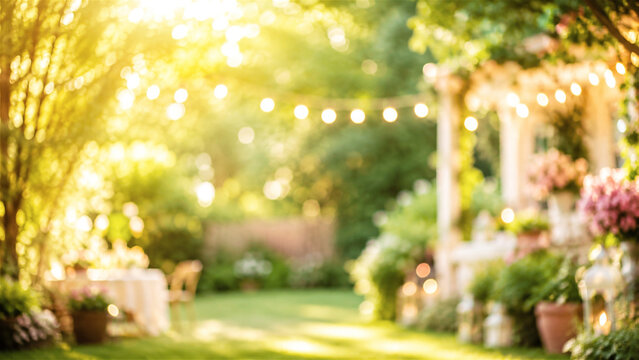 blurred garden background with glowing string lights and sunset light. Festive outdoor party venue in backyard. Romantic evening celebration decor with soft bokeh and nature aesthetic