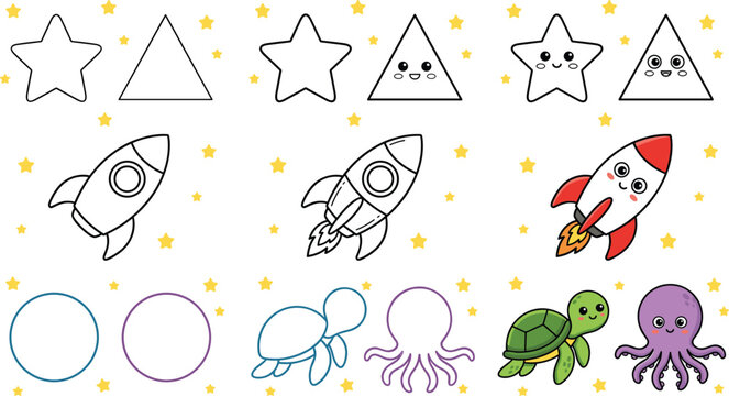 Vector illustration of educational worksheet with stars, rockets, turtle, and octopus showing step‑by‑step progression representing learning themes