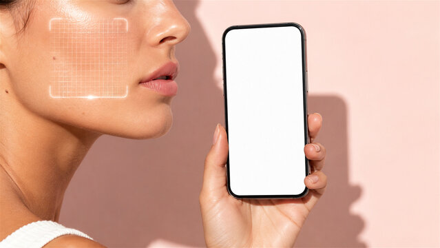 woman checking skin condition with smartphone app. Digital face analysis with laser grid for dermatology and beauty care. Innovative skincare technology for health and aesthetic exam
