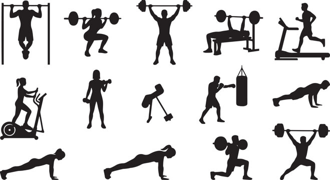 Comprehensive collection of fitness and workout icons, showcasing various athletic activities and gym exercises performed by individuals for a healthy and active lifestyle