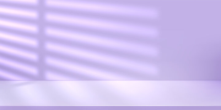 Gradient purple studio background with pink window light in blue violet room. Abstract 3d wall and floor for spring product backdrop limbo. Simple empty minimal ground, modern striped display platform