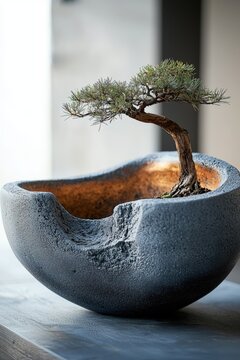 Contemporary ceramic bonsai pot designed to mimic floating rock with elegant texture