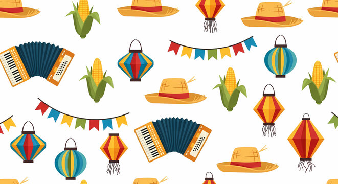 Festa Junina pattern background with corn and traditional items