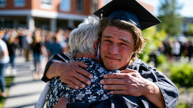 College graduate in cap and gown embracing a tearful parent outside an auditorium, diploma tube clutched tightly, crowds dispersing behind them, expression on graduate mixing relief and uncertainty,