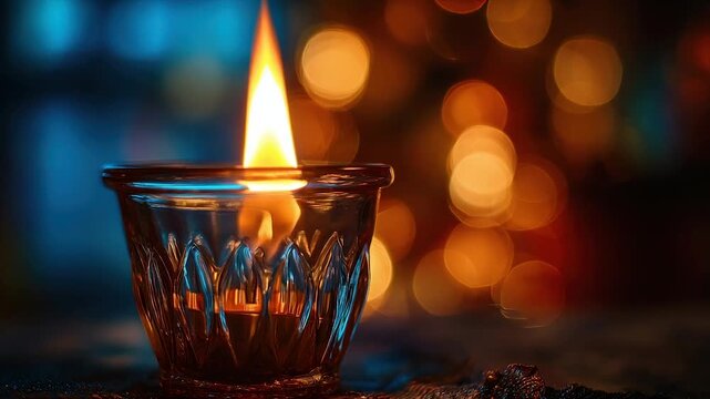 A glass candle holder with a flame glows against a bokeh background of warm orange lights