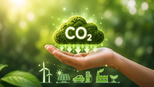 Hand presenting green mossy cloud with CO2 and down arrows representing environmental conservation and emission decrease