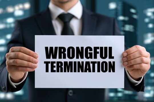 Professional businessman holding a white paper with wrongful termination text