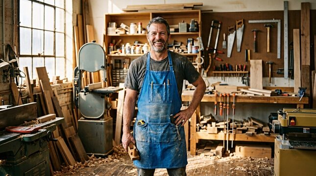 Smiling male carpenter stands proudly in his messy woodworking shop in warm sunlight, wearing a bright denim blue work apron over a shirt.