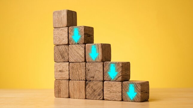 Stacked wooden cubes are arranged in a descending staircase pattern, featuring glowing cyan painted downward arrows on a yellow background.