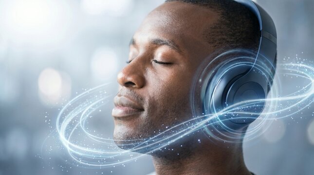 Man wearing headphones experiencing immersive high fidelity sound with blue abstract audio waves headphones listening immersive technology relaxation audiobook
