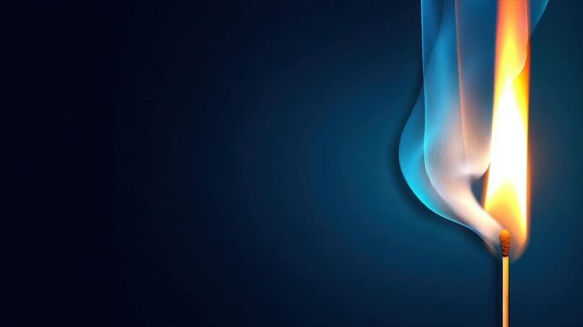 A match stick glows brightly with flames, smoke in an elegant blue-black space