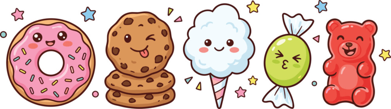 Vector illustration of playful cartoon sweets with donut, cookies, cotton candy, candy, and gummy bear representing cute lifestyle themes