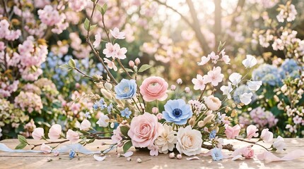 Fototapeta na wymiar Soft pink and blue floral spring background with delicate paper flowers and gentle sunlight, elegant springtime scene