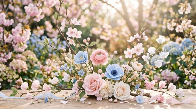Soft pink and blue floral spring background with delicate paper flowers and gentle sunlight, elegant springtime scene