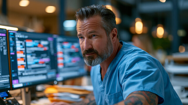 Medical billing specialist reviewing itemized claim denials on a dual-monitor workstation in a quiet hospital administrative office, stacks of patient folders nearby, focused expression conveying re
