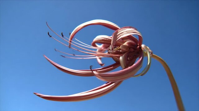 A close-up of a pink and white flower with long stamens against a bright blue sky