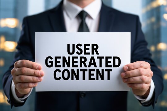Professional businessman holding a white paper with user generated content text