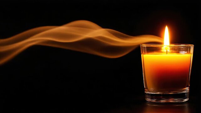 A lit candle in a glass, with wavy smoke against a black background