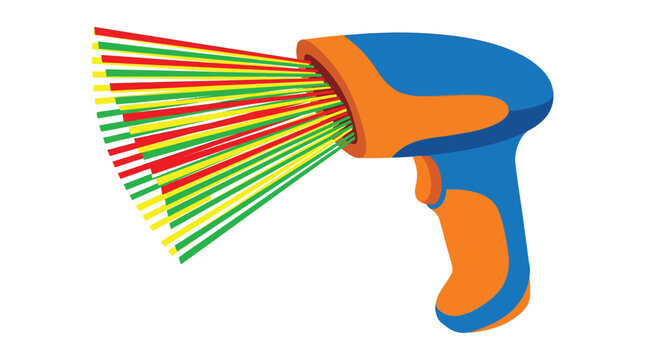 Blue and orange barcode scanner emitting colorful laser beams for retail inventory management and digital data capture