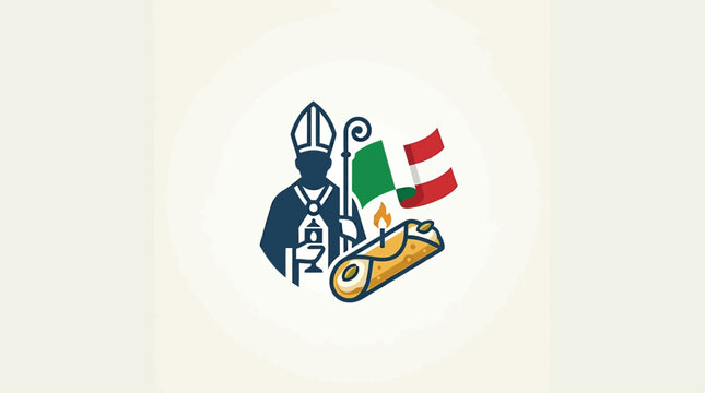 An abstract flat design vector illustration creating an iconic emblem that beautifully merges key symbols of the San Gennaro Festival, perfect for branding and conceptual use.