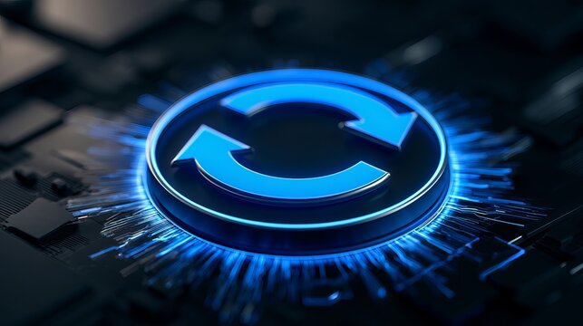 A glowing blue refresh button on a computer motherboard symbolizing technology and innovation