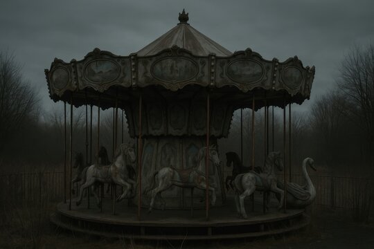 Eerie abandoned carousel in darkness.