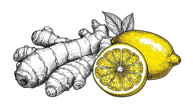 Black and white illustration featuring ginger root and a sliced and whole lemon. The lemon is shaded in yellow
