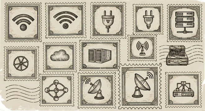 Vintage postal stamp style technology and connectivity icons