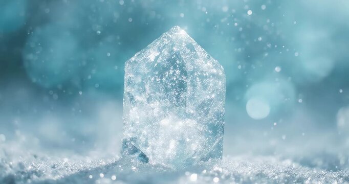 Glowing Magical Snow-Crystal Macro Concept on Soft Cyan Bokeh