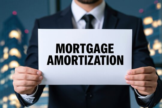 Financial specialist holding mortgage amortization real estate text