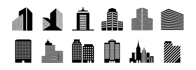 A set of 12 minimalist black and white building icons arranged in two rows. The top row features 6 modern high-rise buildings © MD