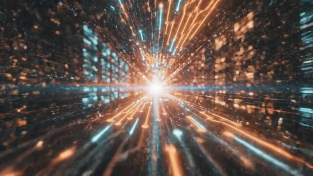 Digital circuit tunnel with glowing orange and blue lines representing high speed data transfer in a futuristic server room environment