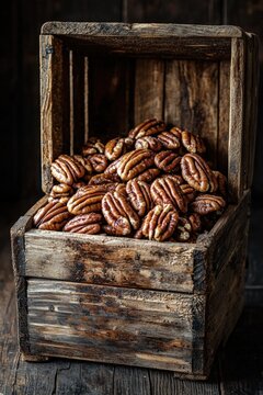 Rustic wooden box overflowing with fresh pecans nuts on a dark wooden background