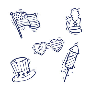 Fourth of July patriotic doodle icons with American flag, heart shaped glasses, fireworks, top hat, and drum major hat, black and white vector illustration set