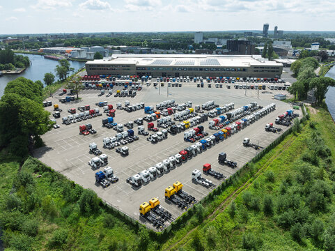 ZWOLLE, NETHERLANDS - MAY 30, 2026: Aerial view of the Scania truck parking. Here is Scania's largest and most modern assembly plant in Europe, accounting for 60% of the annual production