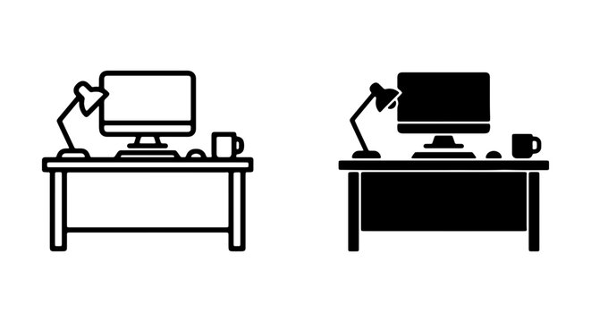 Desk Setup Icons: Computer, Lamp, Mug, Mouse. Workspace Icons, Office Icons, Vector Art