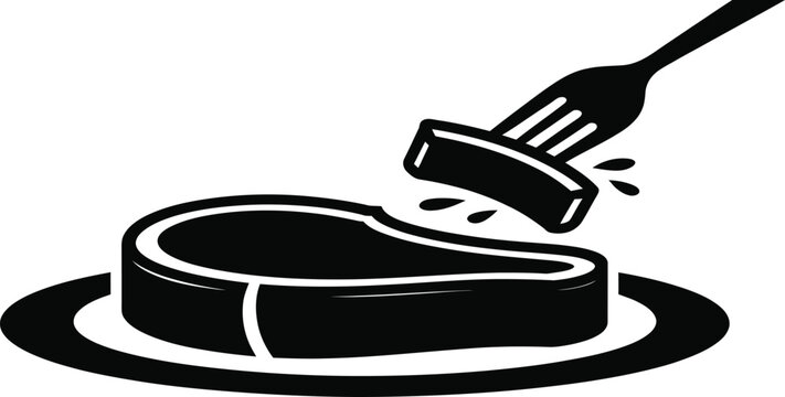 A simple graphic of a fork piercing a piece of raw steak on a presentation plate, emphasizing the raw ingredients in food preparation.