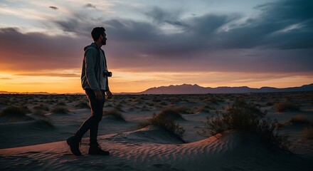 Obraz premium Silhouette of person walking on sandy beach at sunset with dramatic sky and dunes