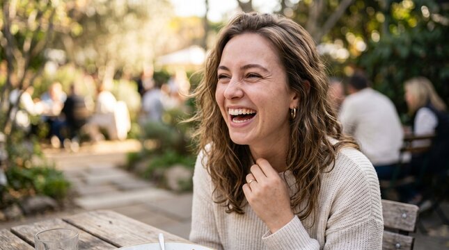 Genuine Unscripted Portrait of a Woman Caught Mid-Laugh in an Outdoor Setting